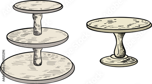 Stand for sweets vector graphics. Set of cake stands in flat icon style. Empty trays for fruit and desserts. Vector illustration isolated on white background. set of cake stands.