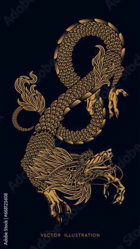 Traditional Chinese Dragon. Gold asian dragons. Happy Chinese New Year 2024 year of the gold dragon zodiac sign. Vector illustration