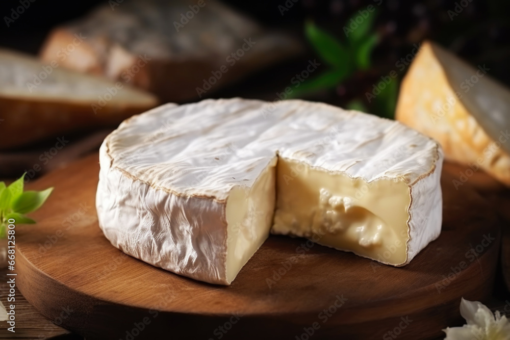 Delicious French cheese on the wooden board close up