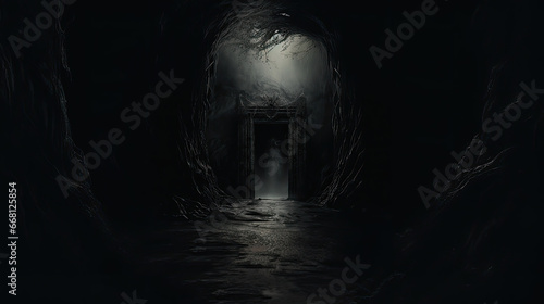 door in the darkness grim dark fantasy Dungeon cell, necromancer lair horror - by generative ai