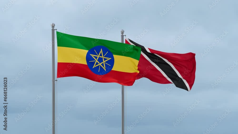 Trinidad and Tobago and Ethiopia flag waving together on cloudy sky, endless seamless loop, two country cooperation concept Trinidad and Tobago and Ethiopia flag waving together on cloudy sky, endless seamless loop, two country cooperation concept