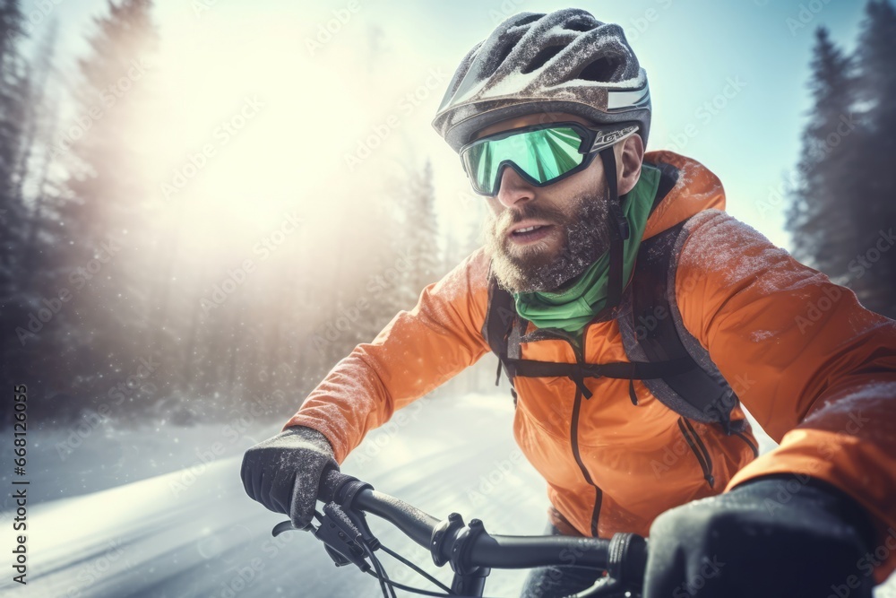 Cyclist on bicycle riding on winter season. Extreme wintertime extreme sport training on cold weather. Generate ai Cyclist on bicycle riding on winter season. Extreme wintertime extreme sport training on cold weather. Generate ai