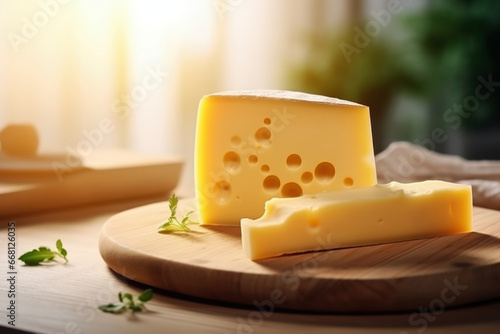 Block of Swiss medium-hard yellow cheese emmental or emmentaler with round holes photo
