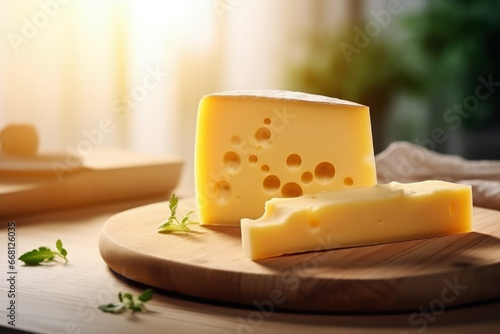 Block of Swiss medium-hard yellow cheese emmental or emmentaler with round holes