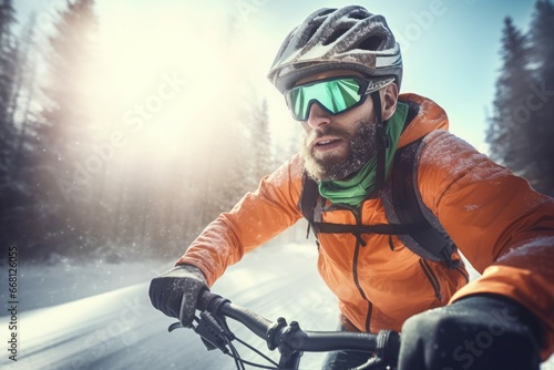 Cyclist on bicycle riding on winter season. Extreme wintertime extreme sport training on cold weather. Generate ai