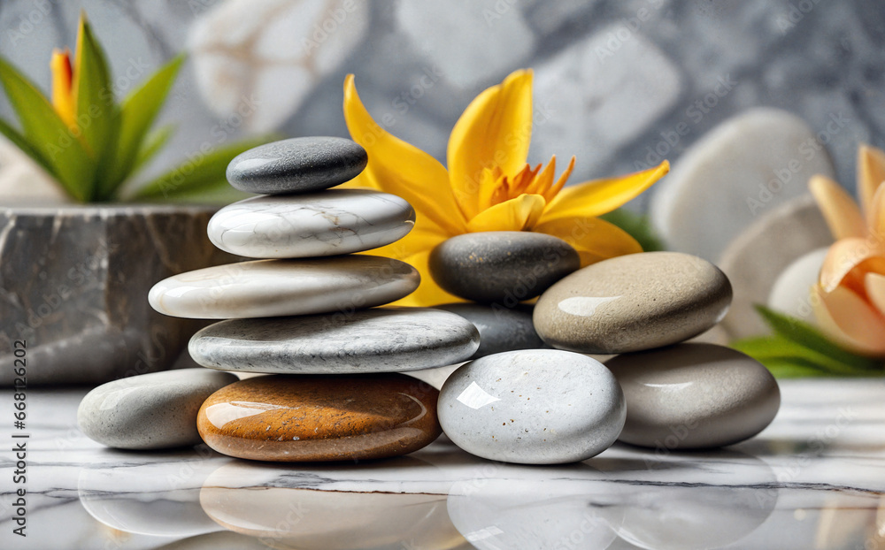 Flat, glossy stones stacked on top of each other against a background of a bright yellow flower on a marble slab. Generative AI Flat, glossy stones stacked on top of each other against a background of a bright yellow flower on a marble slab. Generative AI