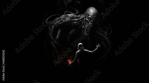 silhouette of a person fighting a monster grim dark fantasy horror monster alien creature darkness - by generative ai photo
