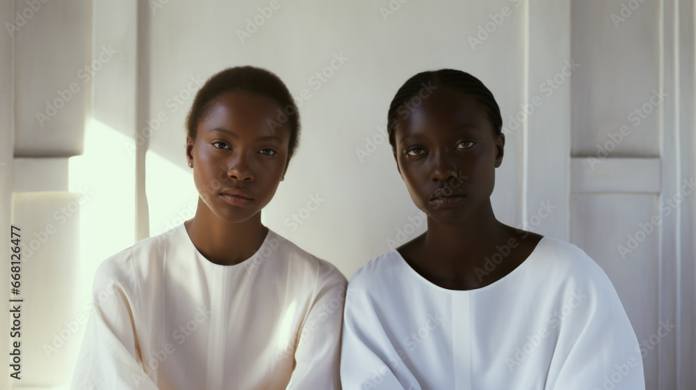 Two African American girls in white robes outside a white house Two African American girls in white robes outside a white house