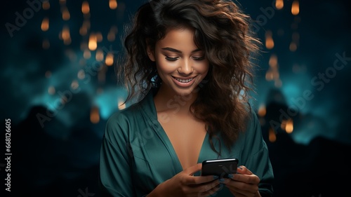 Happy young woman smiling and holding a smartphone
