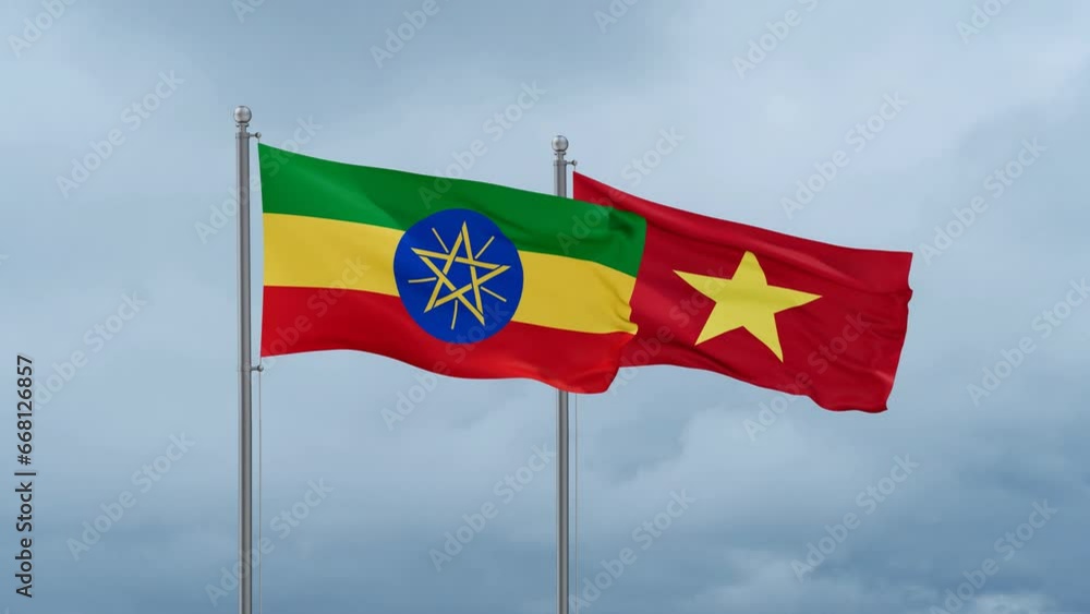 Vietnam and Ethiopia flag waving together on cloudy sky, endless seamless loop Vietnam and Ethiopia flag waving together on cloudy sky, endless seamless loop