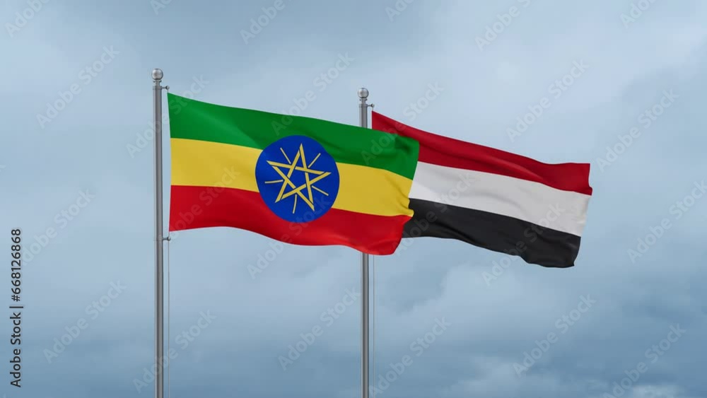 Yemen and Ethiopia flag waving together on cloudy sky, endless seamless loop, two country cooperation concept Yemen and Ethiopia flag waving together on cloudy sky, endless seamless loop, two country cooperation concept
