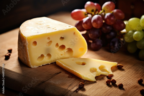 Delicious Gouda cheese with grapes on wooden board close up