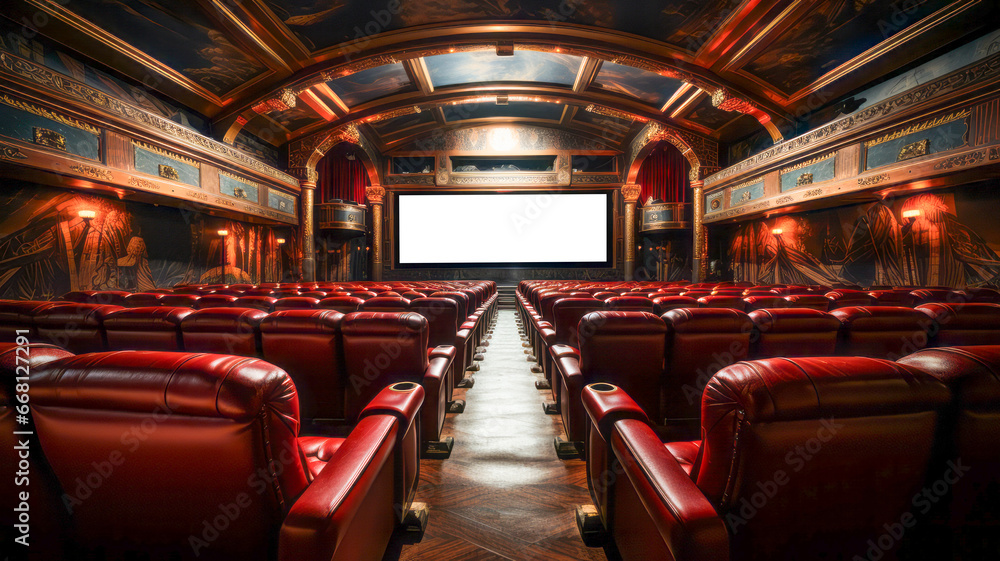 Luxury cinema with blank screen and red seats - obrazy, fototapety, plakaty 