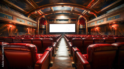 Luxury cinema with blank screen and red seats