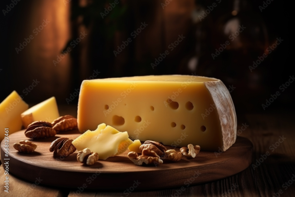 Delicious Gouda cheese with nuts on wooden board close up