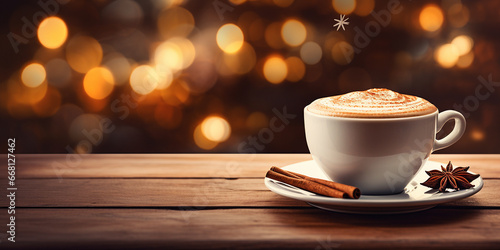 Cup of cappuccino with cinnamon on wooden table at background with Christmas light bokeh. Banner with copy space