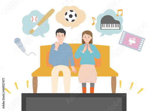 大画面のテレビでスポーツや音楽、映画などの色々な番組を楽しむ若い夫婦