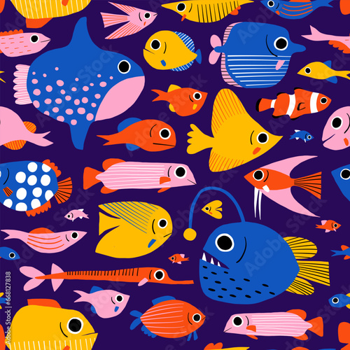 Fish seamless pattern. Set of cute flat hand drawn fishes for fabric or wrapping paper print. Surface pattern design with ocean fishing, marine wildlife doodle vector illustrations.