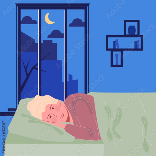 Insomnia, sleep disorder concept. The man is awake
