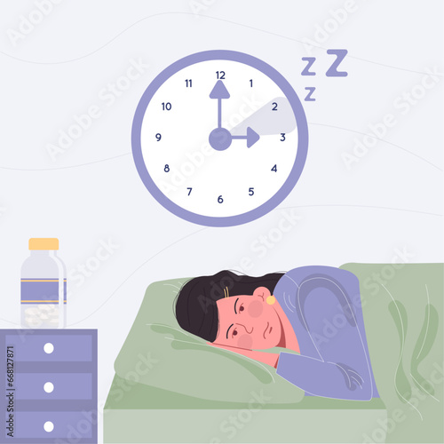 Insomnia, sleep disorder concept. The woman is awake