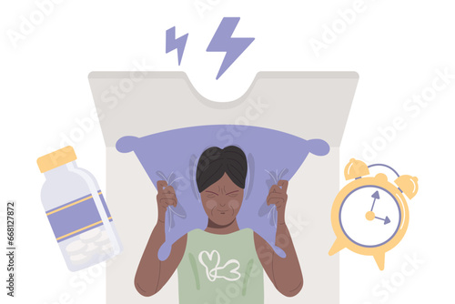 Insomnia, sleep disorder concept. African American woman is evil