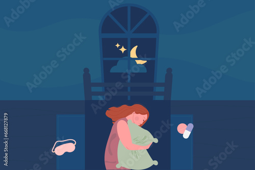 Insomnia, sleep disorder concept. A woman is lying in bed, holding a pillow