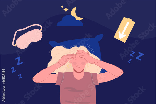 Insomnia, sleep disorder concept. A tired woman lies on a pillow
