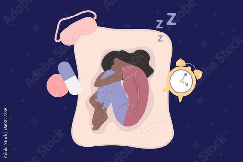 Insomnia, sleep disorder concept. An African American woman lies curled up in bed