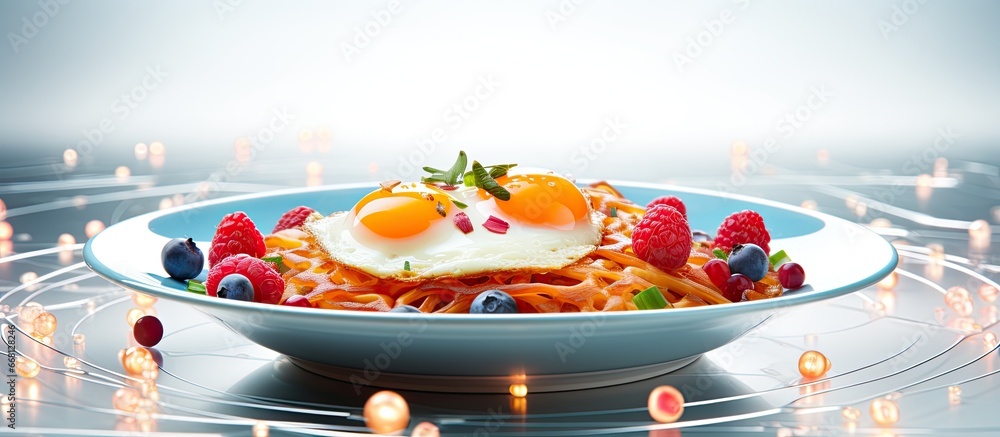 AI food dish with eggs chicken cake and vegetables isolated on white background - obrazy, fototapety, plakaty 