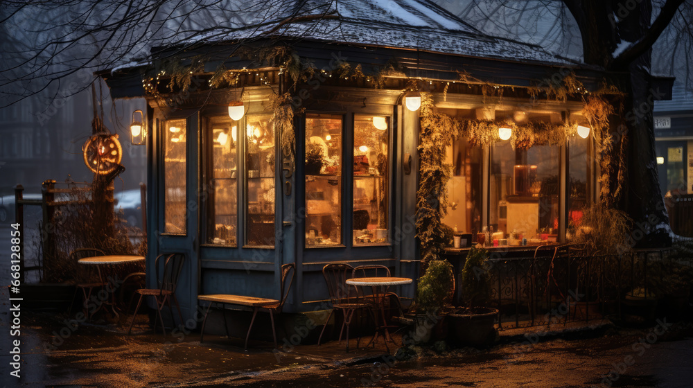 Cozy evening café scene with glowing string lights, autumn foliage, and outdoor seating. Rainy ambiance at a vintage corner coffee shop with reflections on wet pavement.
