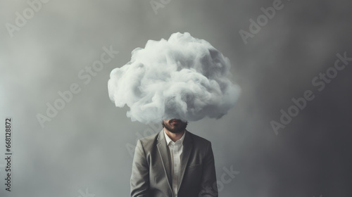 Man in suit obscured by ethereal cloud, symbolizing mystery, introspection, or overwhelmed thoughts against a moody gray backdrop.