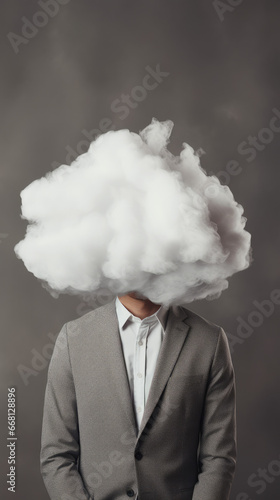 Man in suit obscured by ethereal cloud, symbolizing mystery, introspection, or overwhelmed thoughts against a moody gray backdrop.