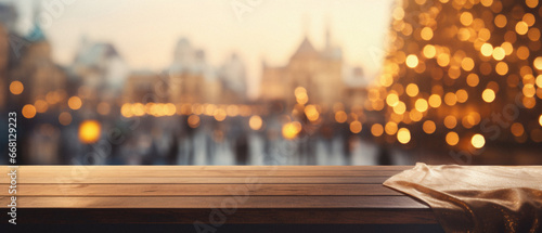 Empty wooden table and blurred background of Christmas market in London, UK.