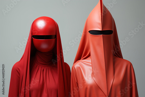 Faceless fashion postmodernism portrait of a couple, two unrecognizable people in red leather suits photo