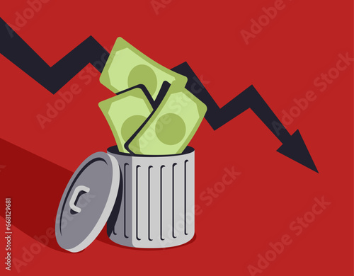 Throw money in trash can with falling chart arrow