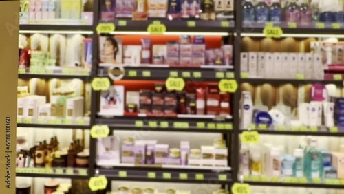 Wallpaper Mural buying make up at cosmetics section in store. choosing cosmetics, perfumes, creams and shampoos, Using tester. Torontodigital.ca