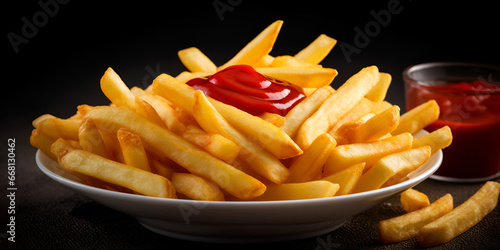 French Fries Potato Snack Ketchup Sauce. Golden Fry Chip Fast Food on Wooden Rustic Board. Crunchy Tasty American Dinner Chives with Cherry Tomato Serving Generative Ai