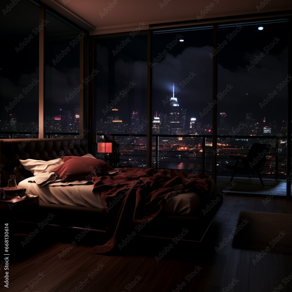 luxury hotel room,penthouse bedroom at night, dark gloomy, A room with a view of the city from the bed.