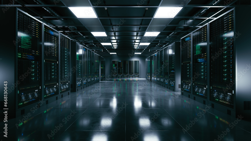 Data center interior with server racks. Cloud computing datacenter server room. 3d illustration