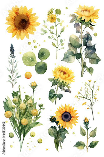 sunflower set  watercolor clipart cute isolated on white background photo