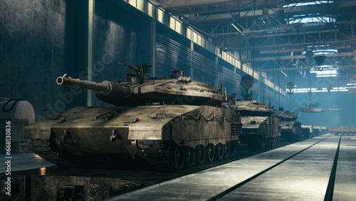 Military tank industry. Military industrial plant and production of heavy military equipment. 3d illustration