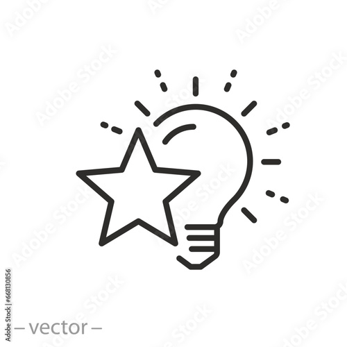 innovation brand icon, best idea, star with light bulb, good electric lamp, thin line symbol on white background - vector illustration