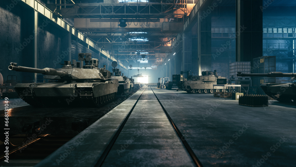 Production of military tanks at the factory. Military factory weapon Battle tanks. 3d illustration Production of military tanks at the factory. Military factory weapon Battle tanks. 3d illustration