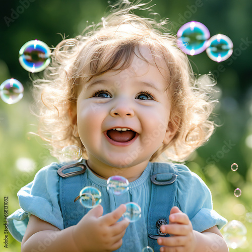 little child blowing soap bubbles