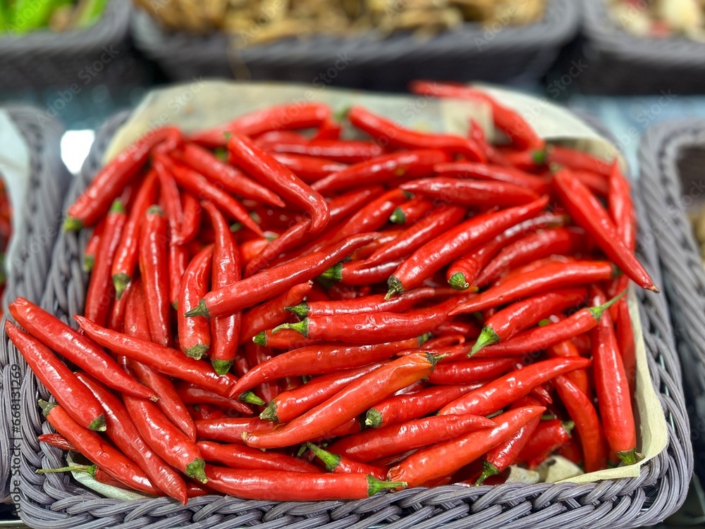 Close up red chilies in the basket , chilly, market, kitchen, spice, pepper, vegetables, cooking, organic 