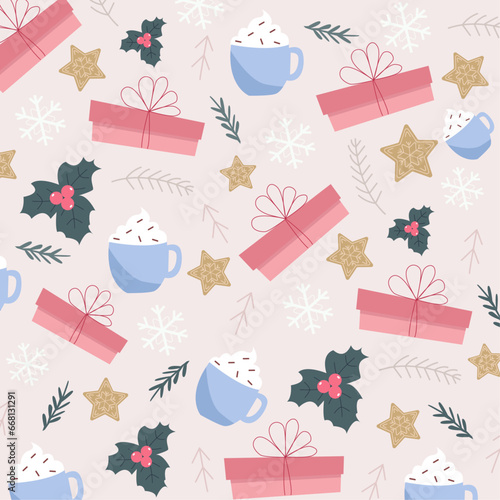 Christmass seamless pattern.Christmas winter pattern with christmas decor for wrapping paper, background or banner.