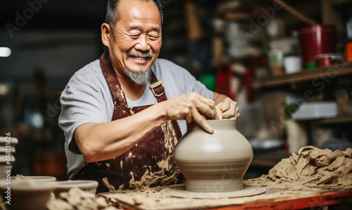 Intricate Clay Work by Senior Asian Man in his Craft Studio