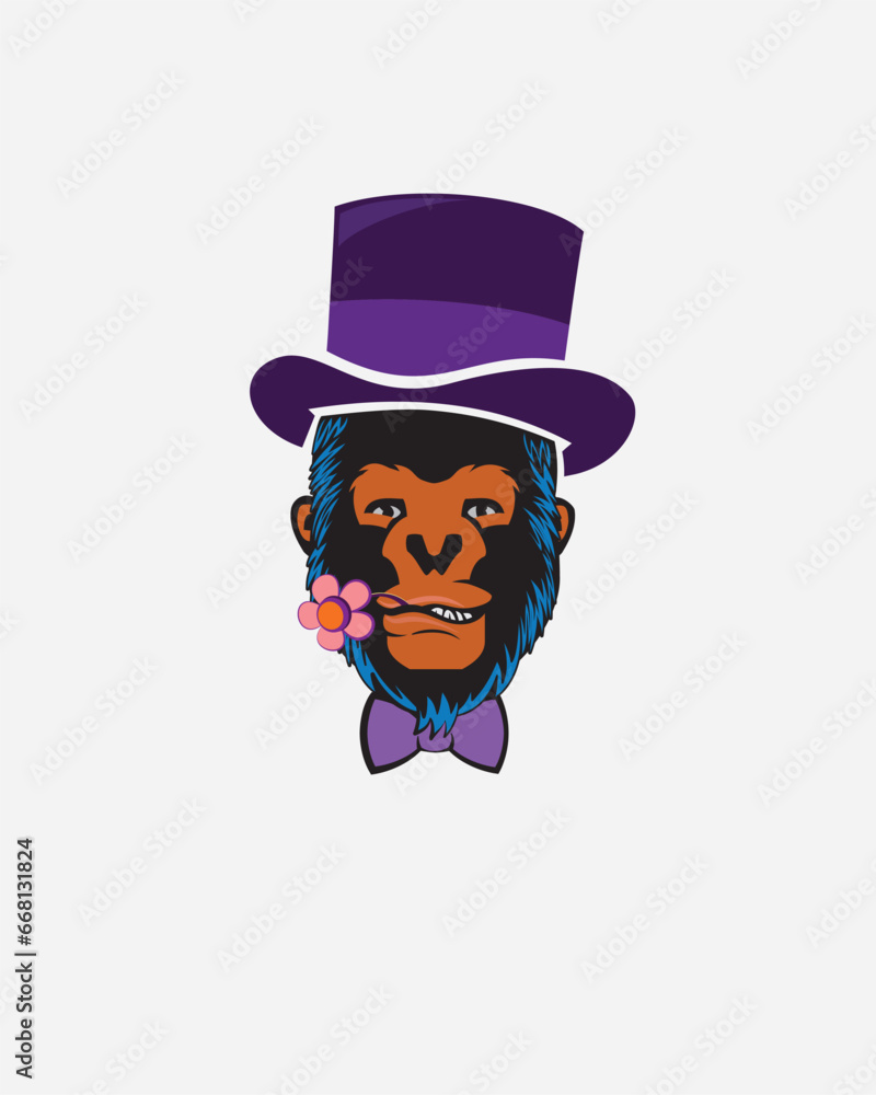 Vector graphic illustration of the face of an funny ape with a flower in its mouth. Smiling face of a gorilla with top hat vector illustration. Happy ape head illustration with a bow tie.