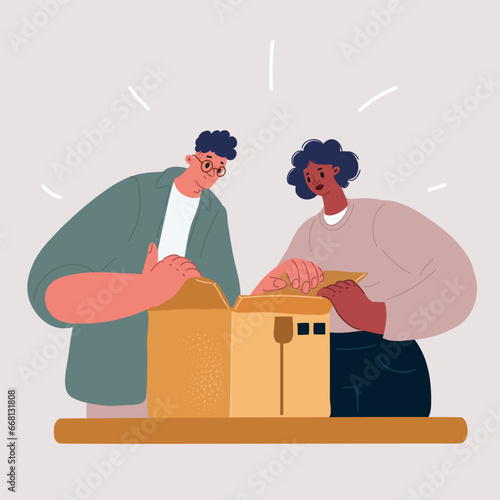Vector illustration of Joyful unboxing. Overjoyed laughing couple. New owners renters tenants of house apartment unpacking after relocation moving,