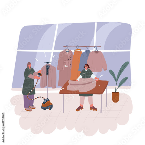 Vector illustration of Administrator at dry cleaners keeps clean clothes on hangers. Another person steaming jacker with electro steamer